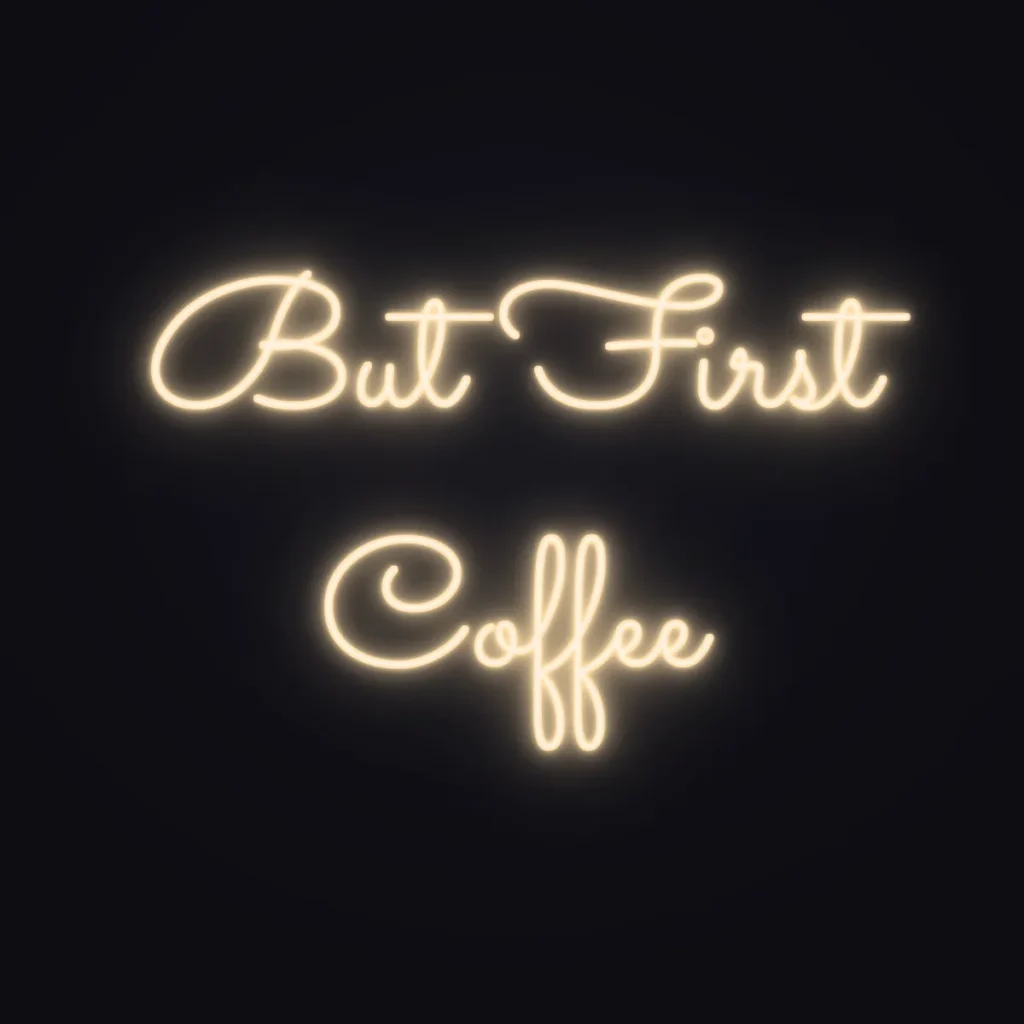 But First Coffee Neon Sign — Warm White LED neon (design render)