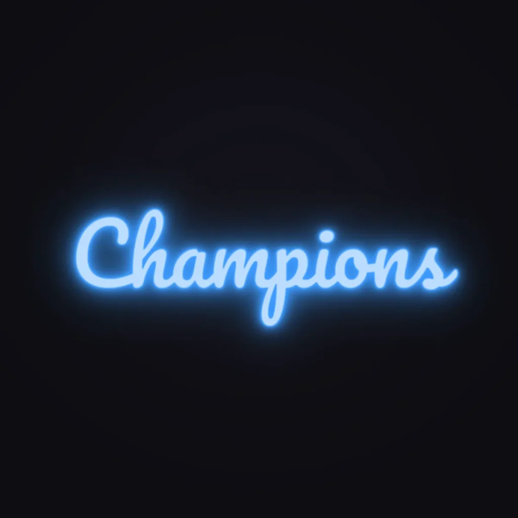 Champions Neon Sign — Electric Blue LED neon (design render)