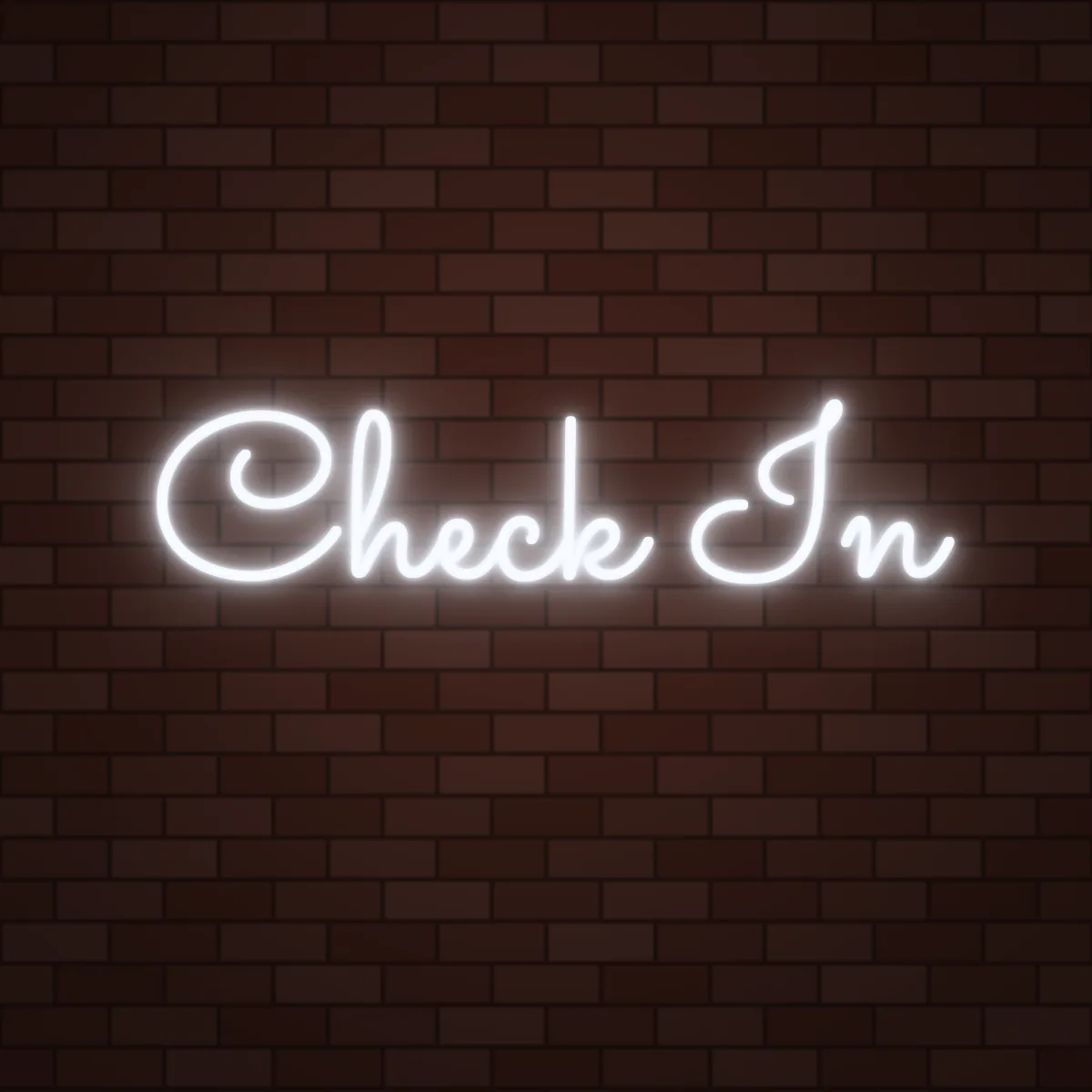 Check In Neon Sign on a brick wall (design render)