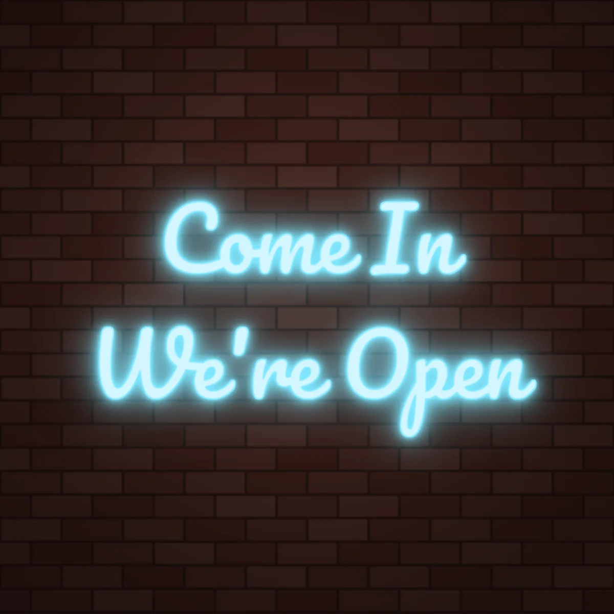 Come In We're Open Neon Sign on a brick wall (design render)
