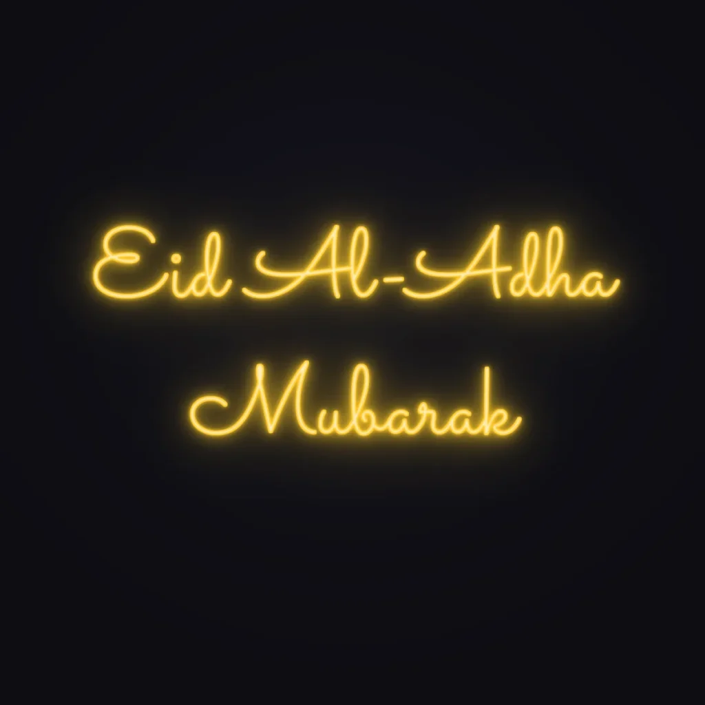 Eid Al-Adha Mubarak Neon Sign — Golden Yellow LED neon (design render)