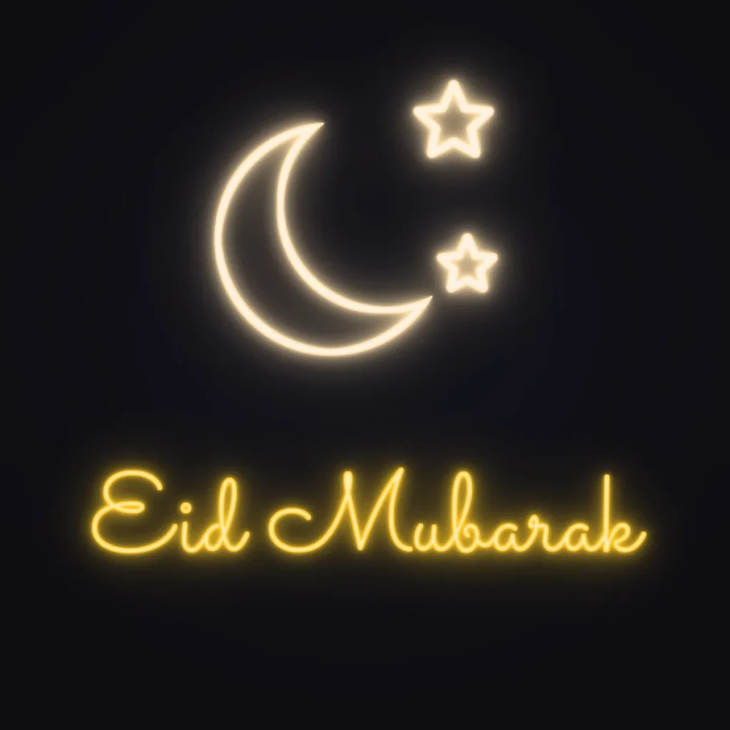 Eid Moon Neon Sign — Golden Yellow LED neon (design render)