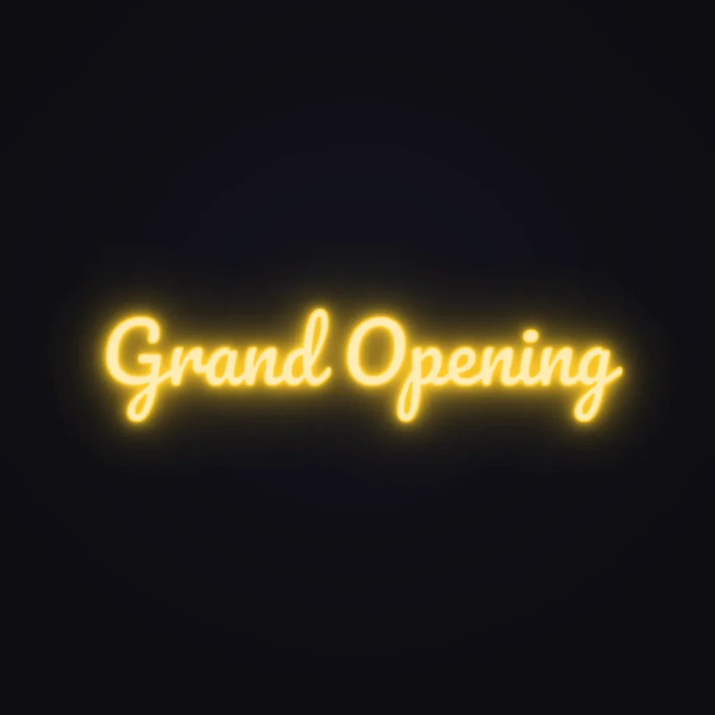 Grand Opening Neon Sign — Golden Yellow LED neon (design render)