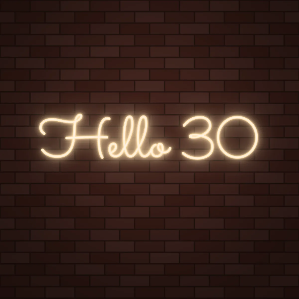 Hello 30 Neon Sign on a brick wall (design render)
