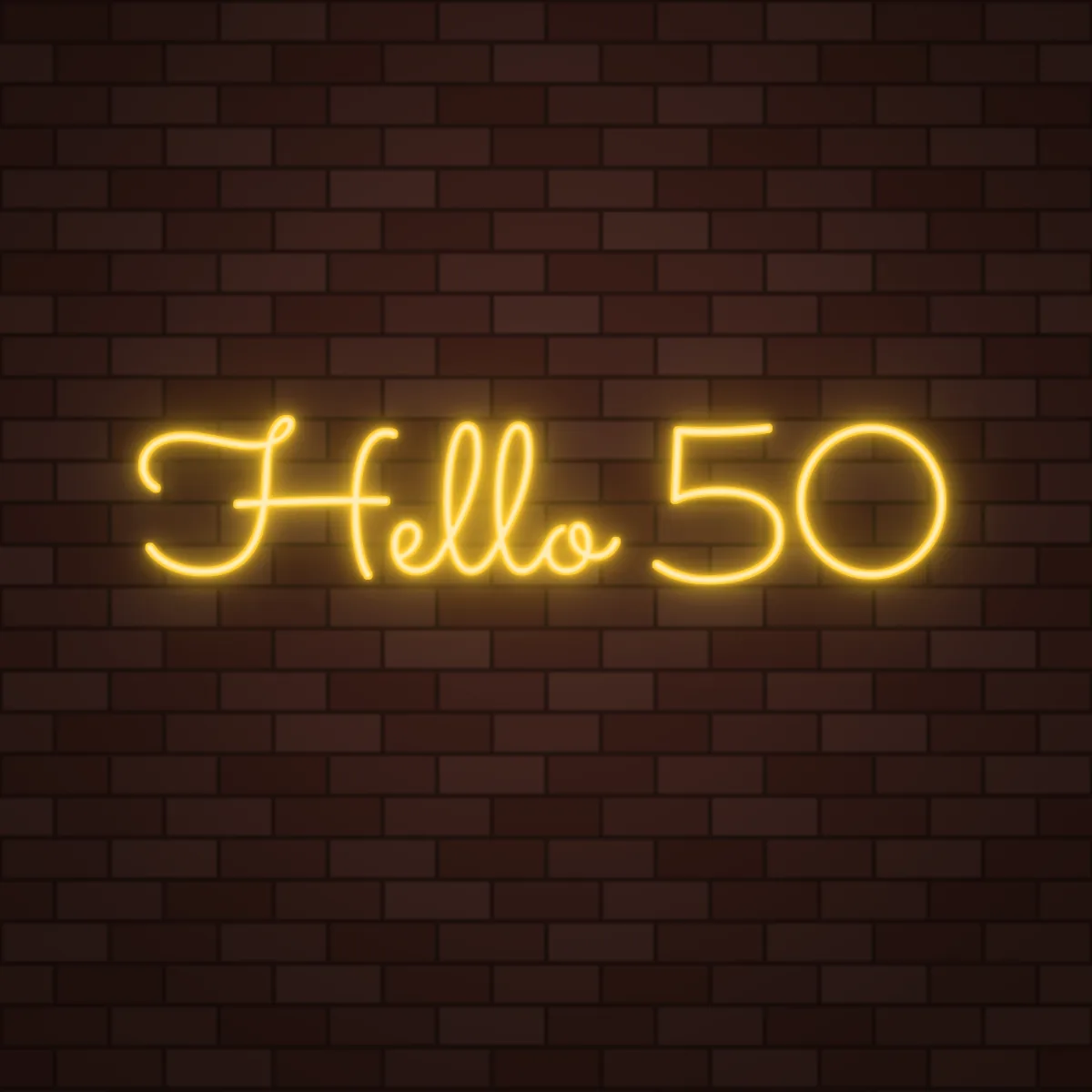 Hello 50 Neon Sign on a brick wall (design render)