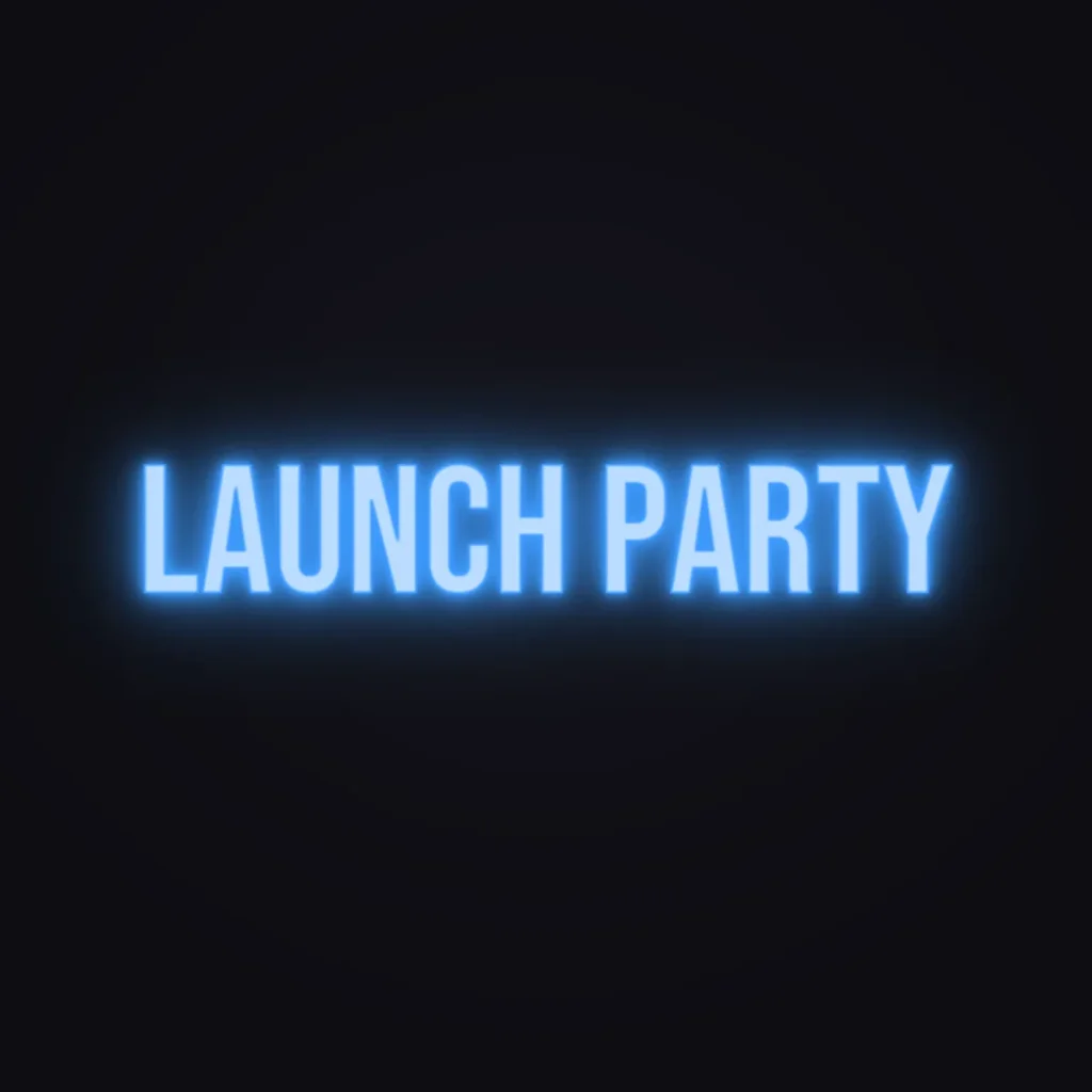 Launch Party Neon Sign — Electric Blue LED neon (design render)