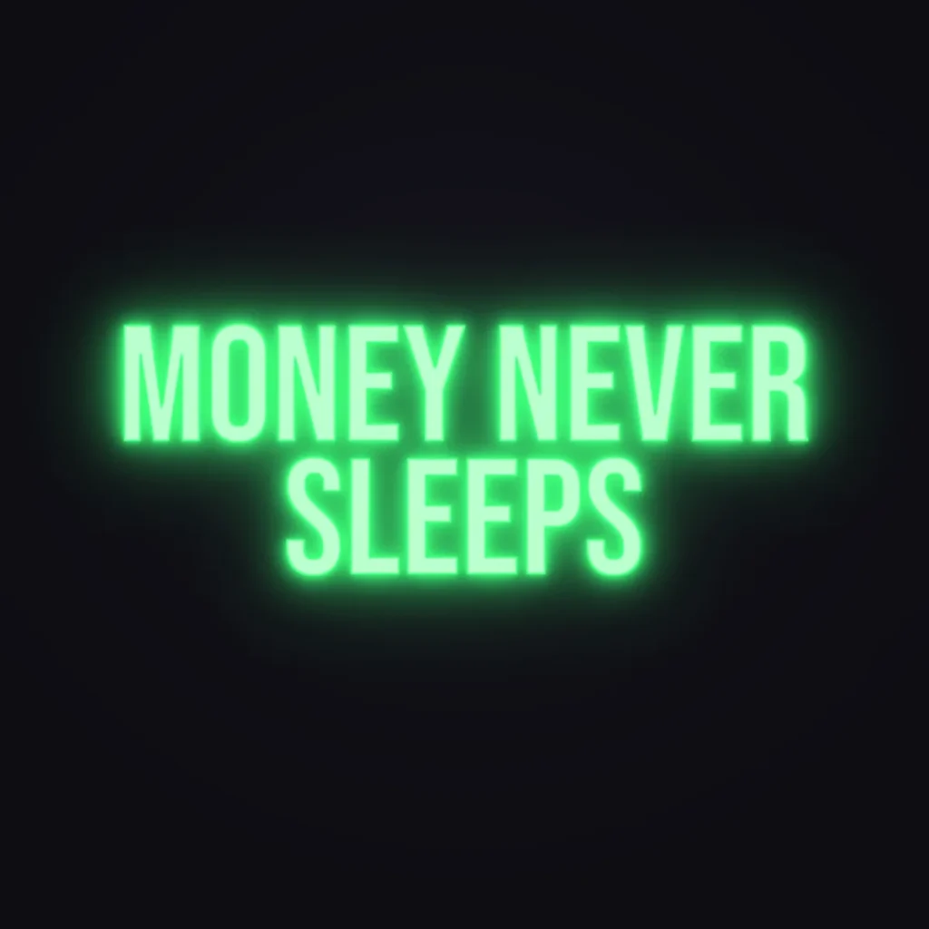 Money Never Sleeps Neon Sign — Green LED neon (design render)