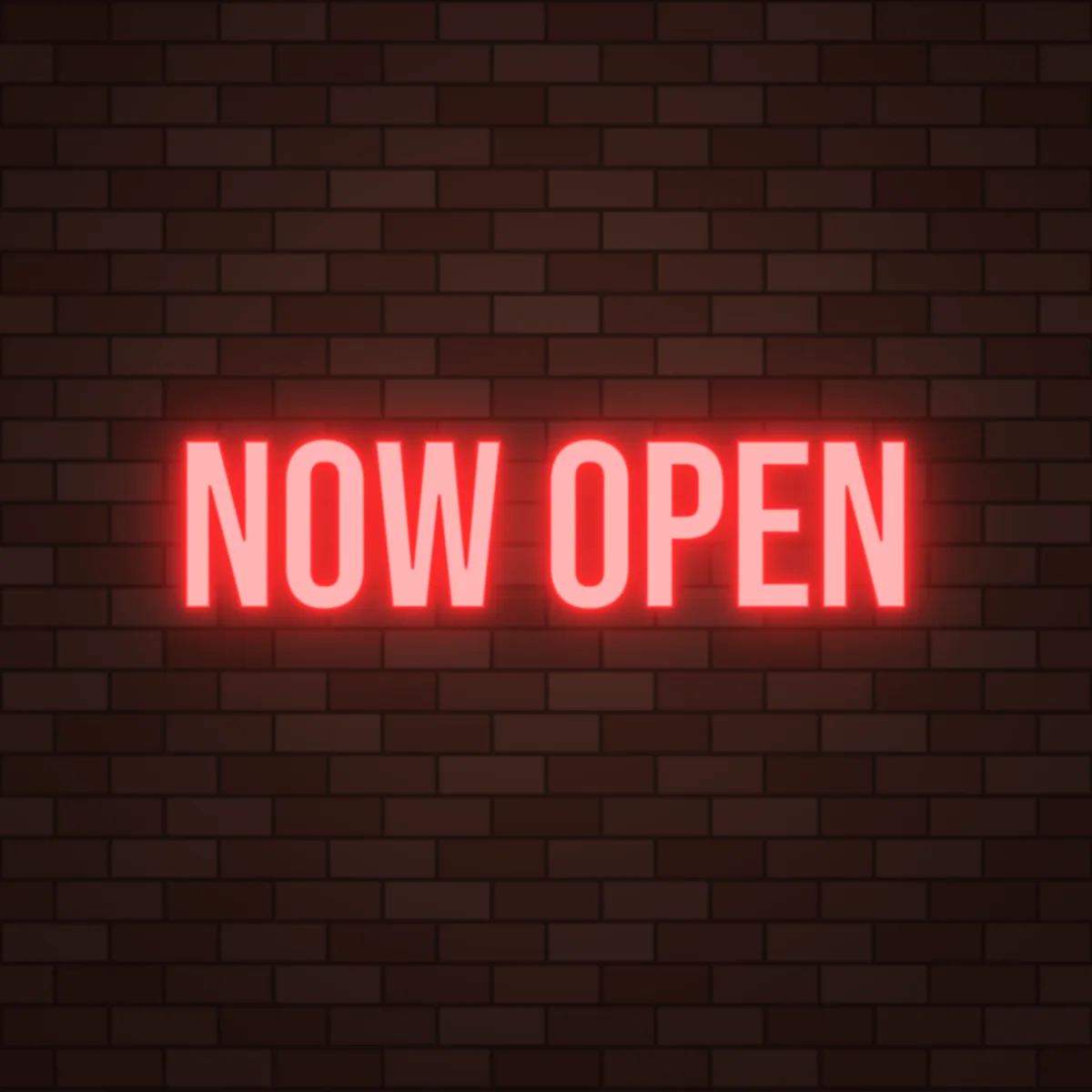 Now Open Neon Sign on a brick wall (design render)