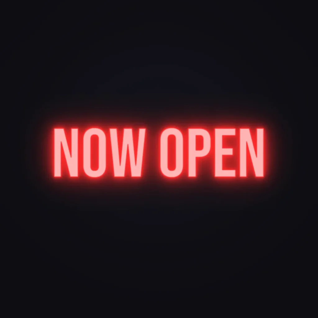 Now Open Neon Sign — Red LED neon (design render)