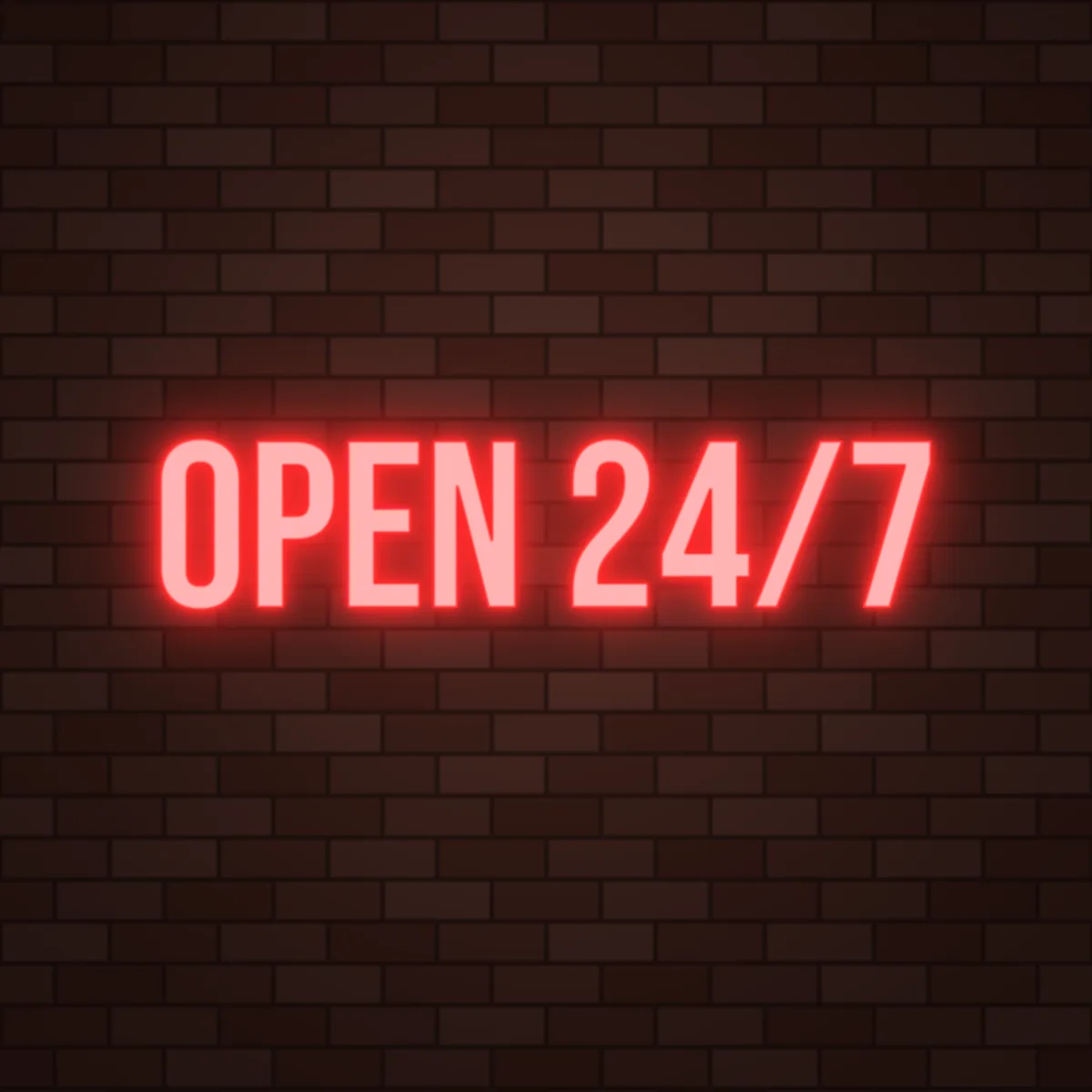 Open 24/7 Neon Sign on a brick wall (design render)