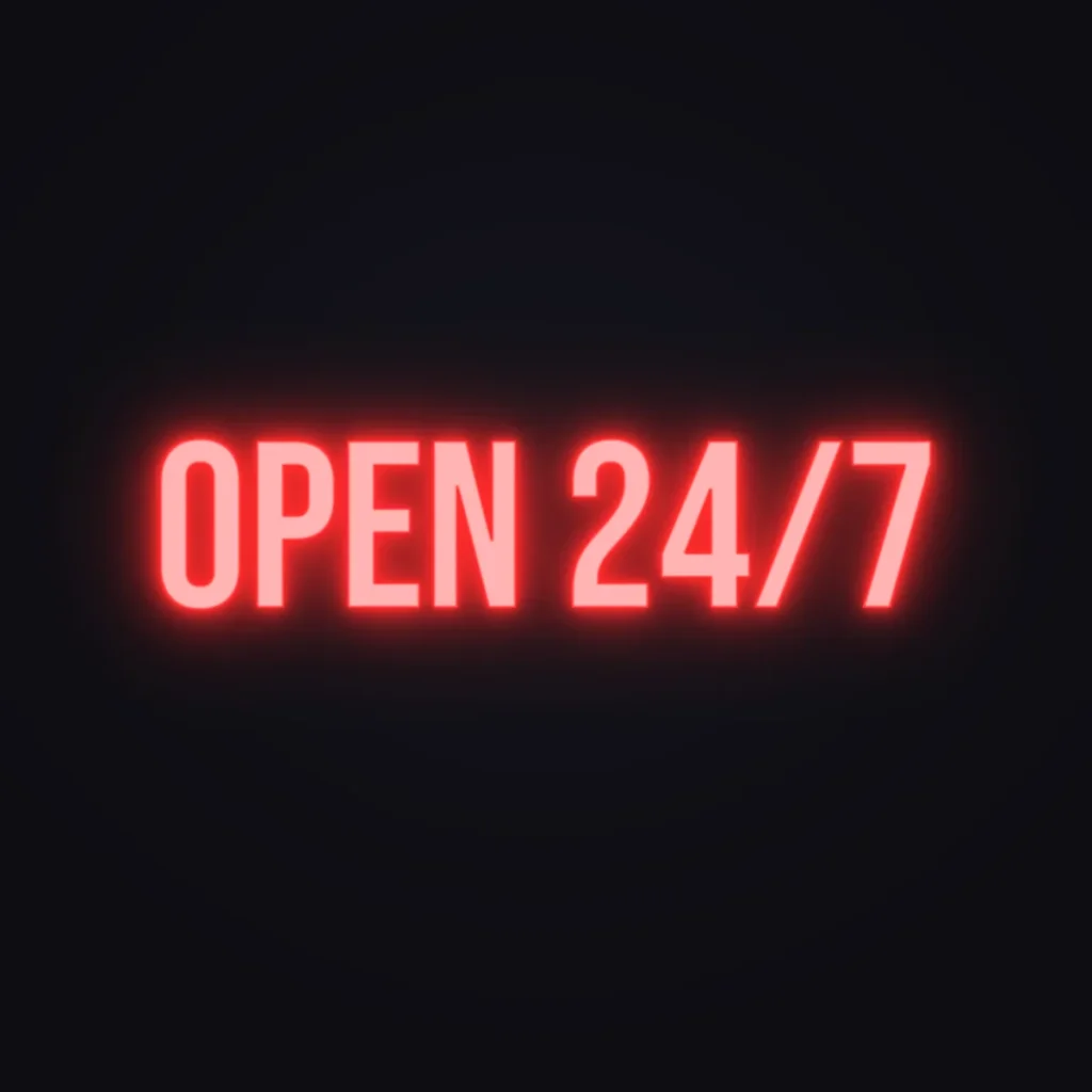 Open 24/7 Neon Sign — Red LED neon (design render)