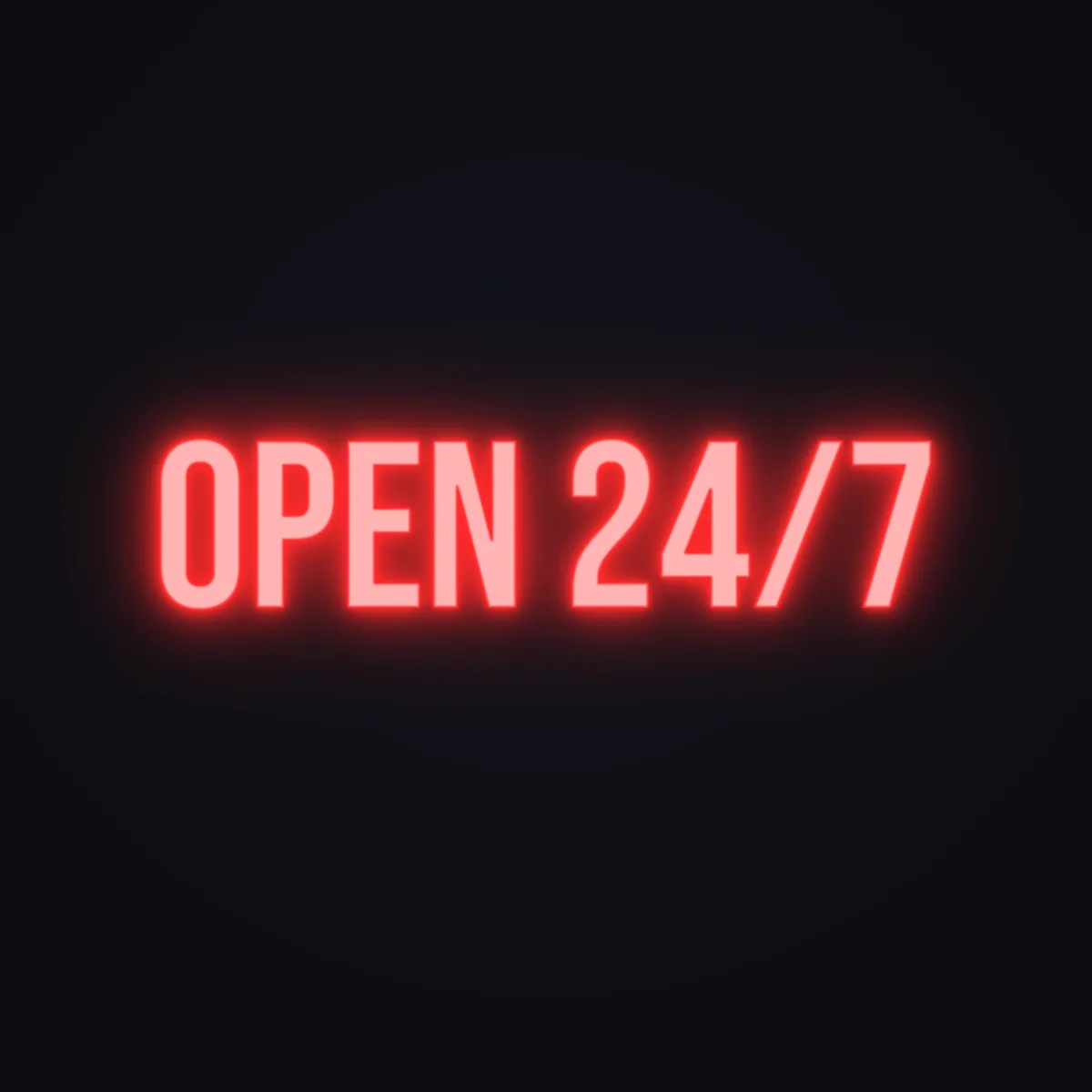 Open 24/7 Neon Sign — Red LED neon (design render)