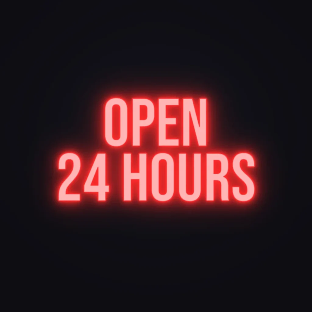Open 24 Hours Neon Sign — Red LED neon (design render)