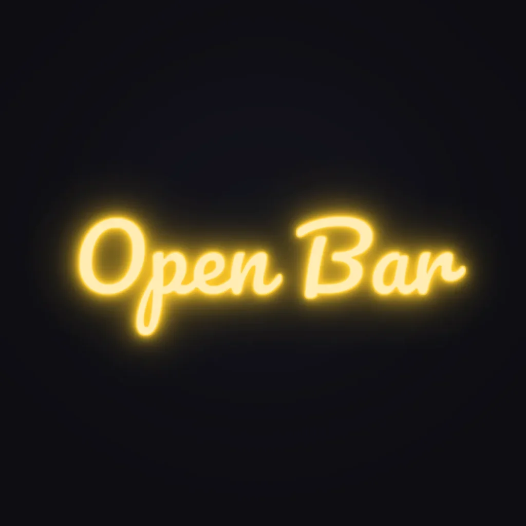 Open Bar Neon Sign — Golden Yellow LED neon (design render)