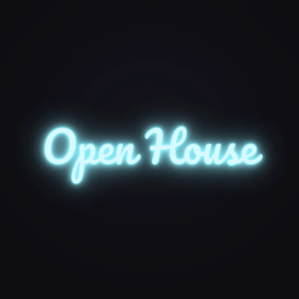 Open House Neon Sign — Ice Blue LED neon (design render)