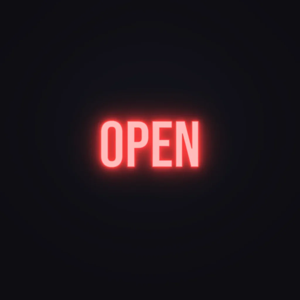 OPEN Neon Sign — Red LED neon (design render)