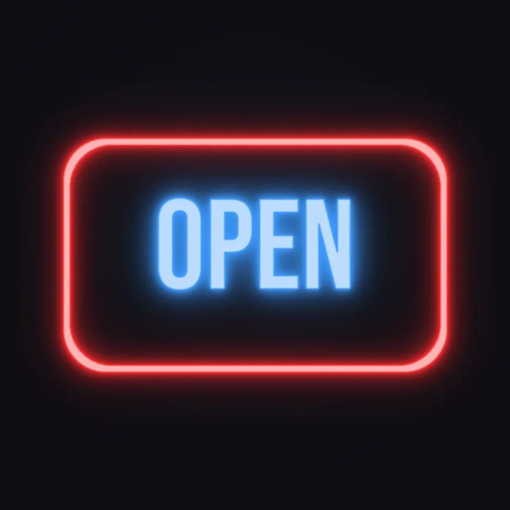 Open Sign Classic Neon Sign — Electric Blue LED neon (design render)