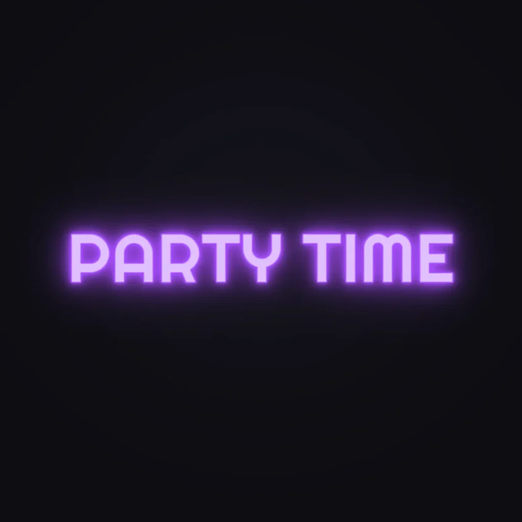 PARTY TIME Neon Sign — Purple LED neon (design render)