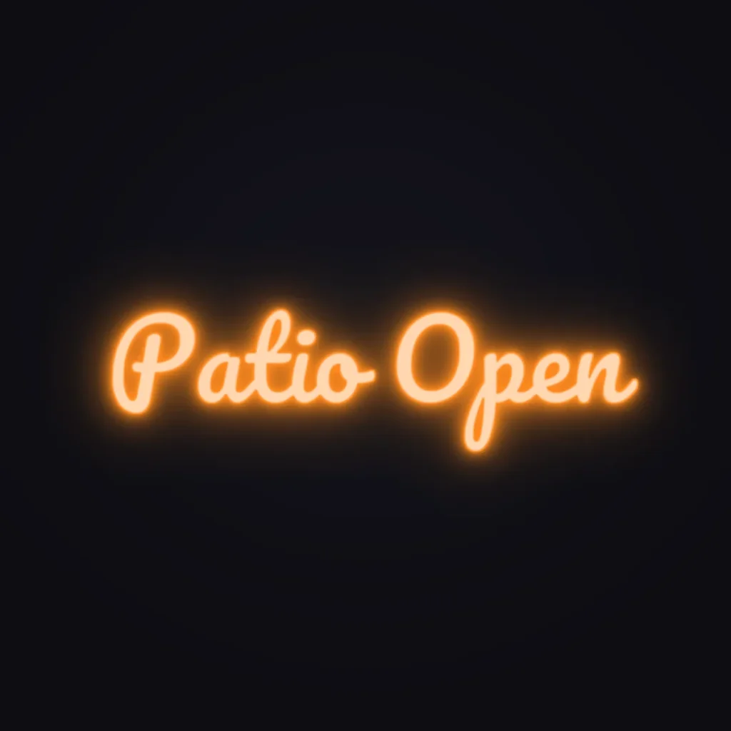 Patio Open Neon Sign — Orange LED neon (design render)