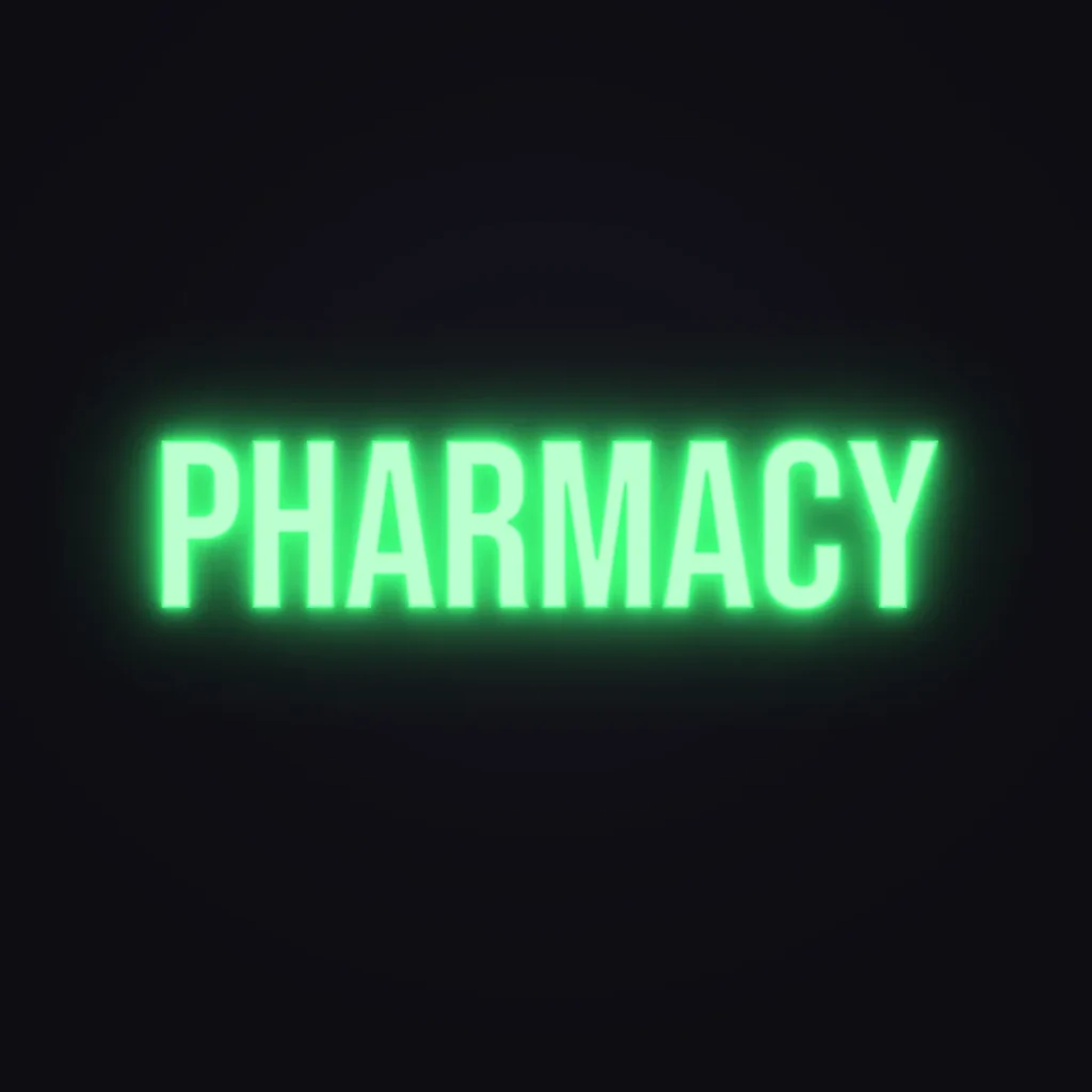 Pharmacy Neon Sign — Green LED neon (design render)