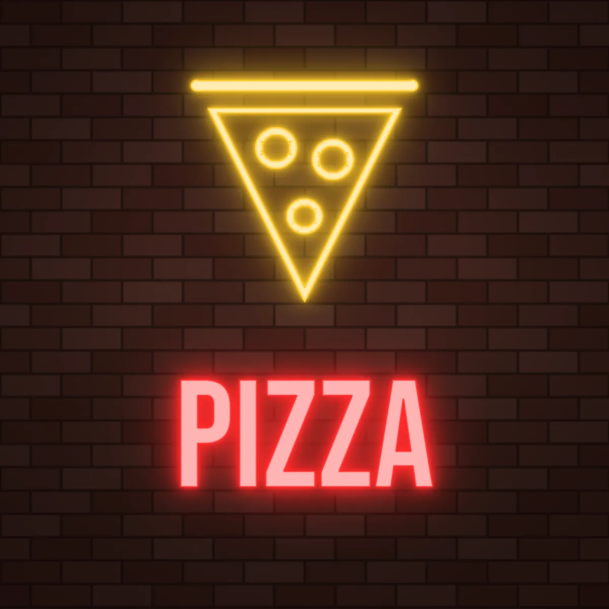 Pizza Slice Neon Sign on a brick wall (design render)