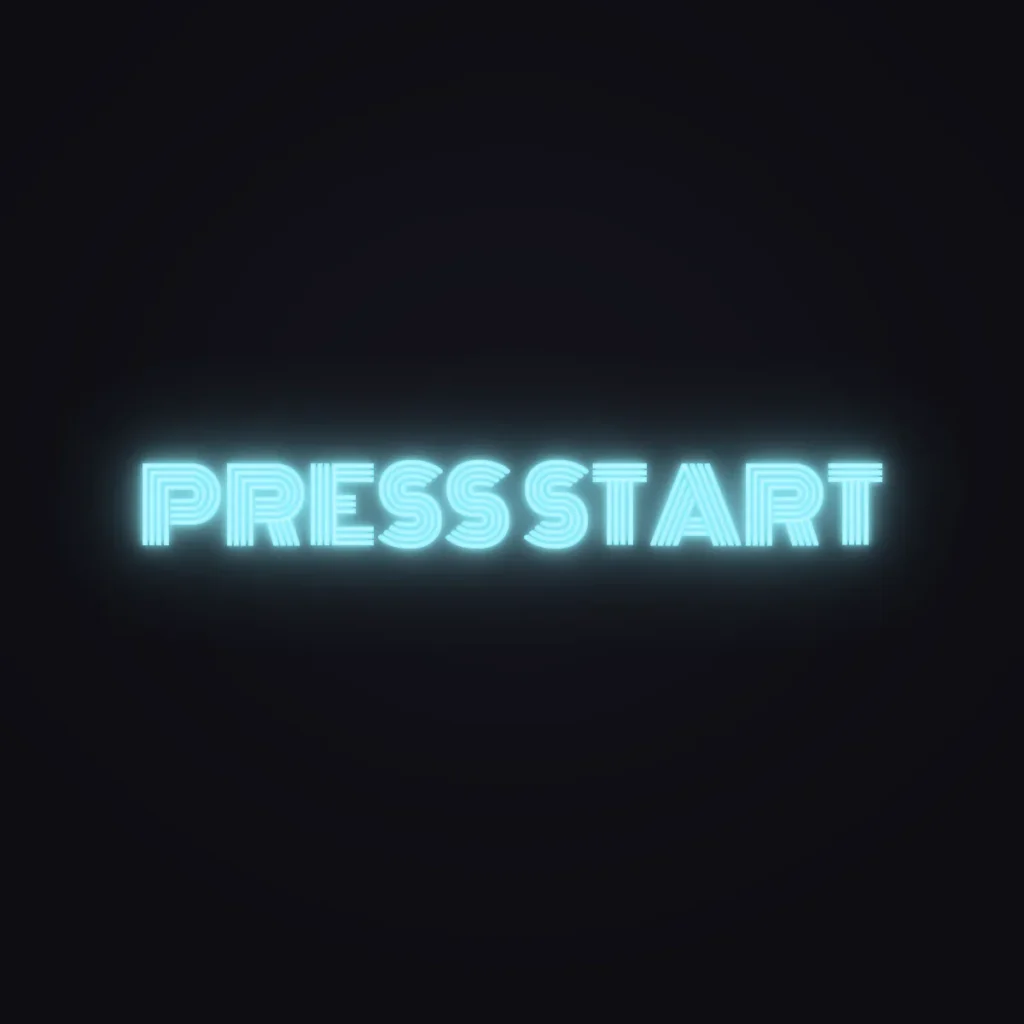 PRESS START Neon Sign — Ice Blue LED neon (design render)