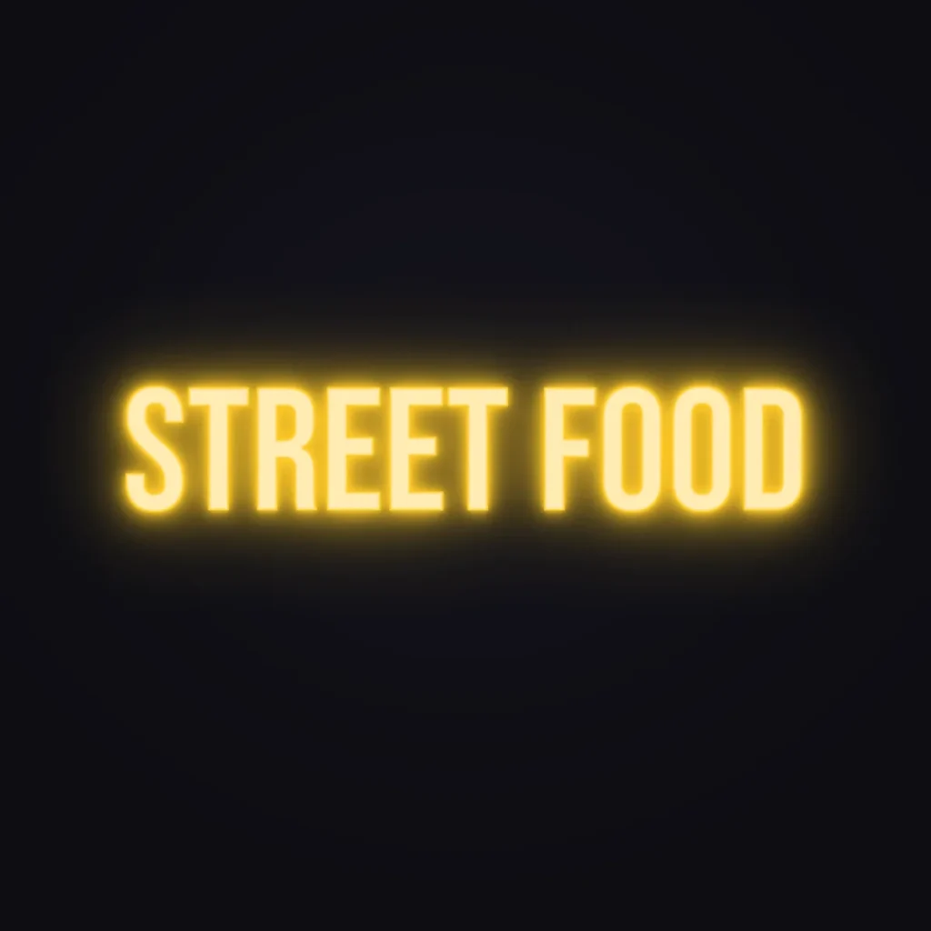 STREET FOOD Neon Sign — Golden Yellow LED neon (design render)