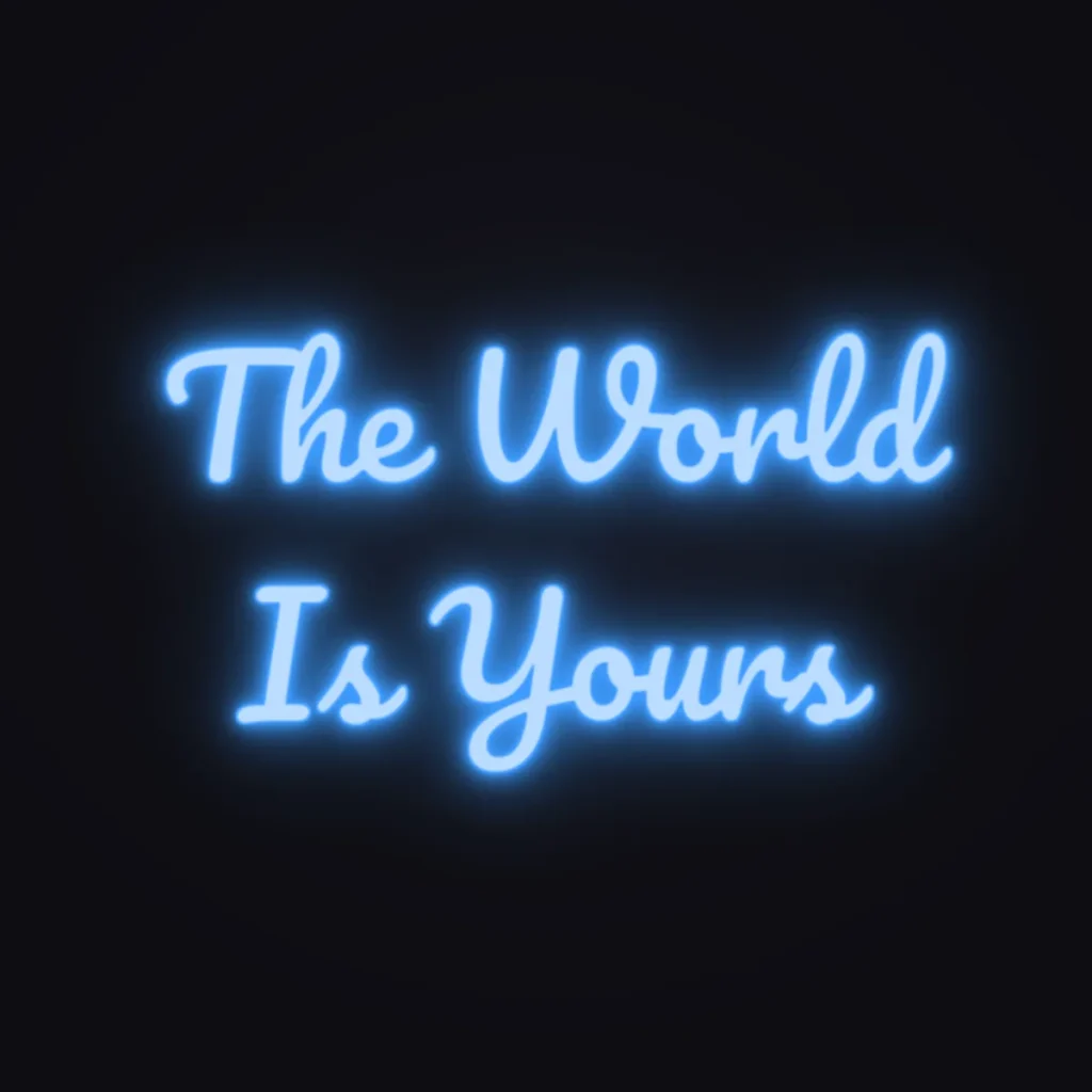 The World Is Yours Neon Sign — Electric Blue LED neon (design render)