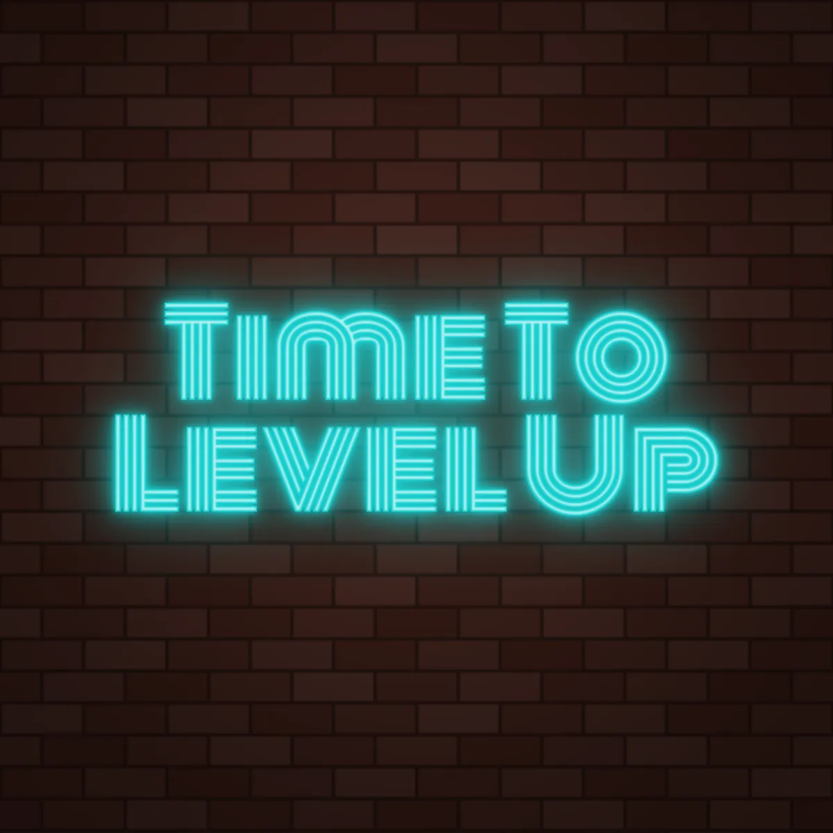 Time To Level Up Neon Sign on a brick wall (design render)