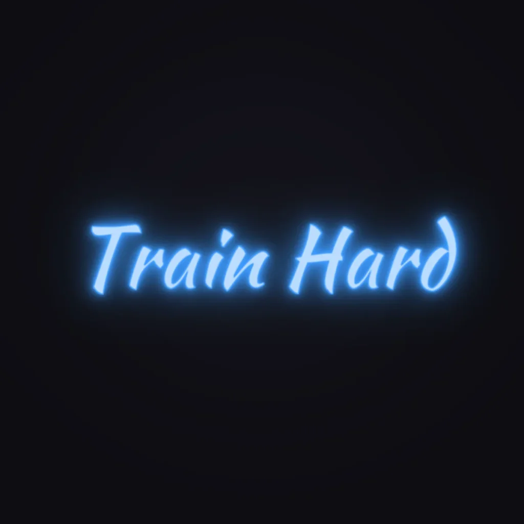 Train Hard Neon Sign — Electric Blue LED neon (design render)