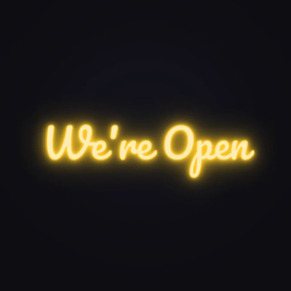 We're Open Neon Sign — Golden Yellow LED neon (design render)